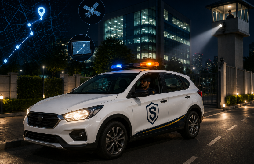 GPS-tracked Squad India mobile patrol vehicle on a security round